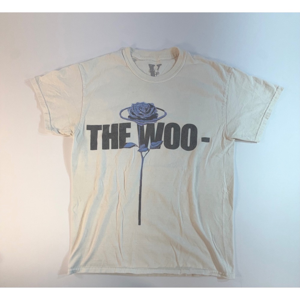 Vlone x Pop Smoke The Woo Blue Rose Graphic T-Shirt Mens Medium Cream Streetwear